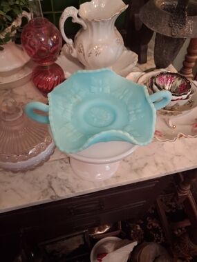 Fenton aqua blue two-handled ruffled dish